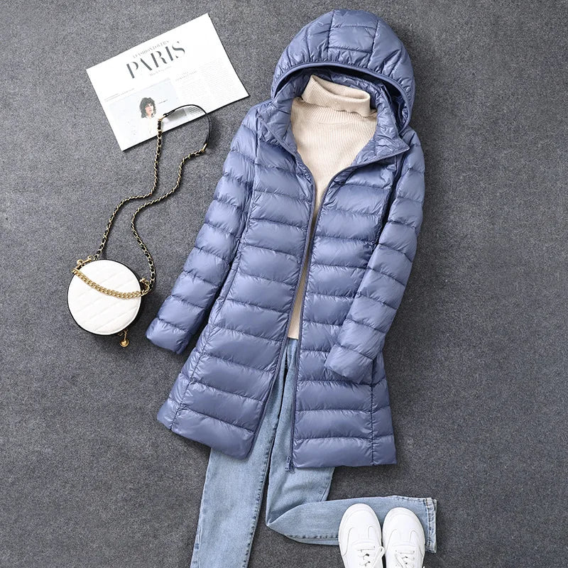 Women's X-long Office Lady Hat Detachable Puffer Jackets 2025 New Arrival Autumn Winter White Duck Down Warm Coat