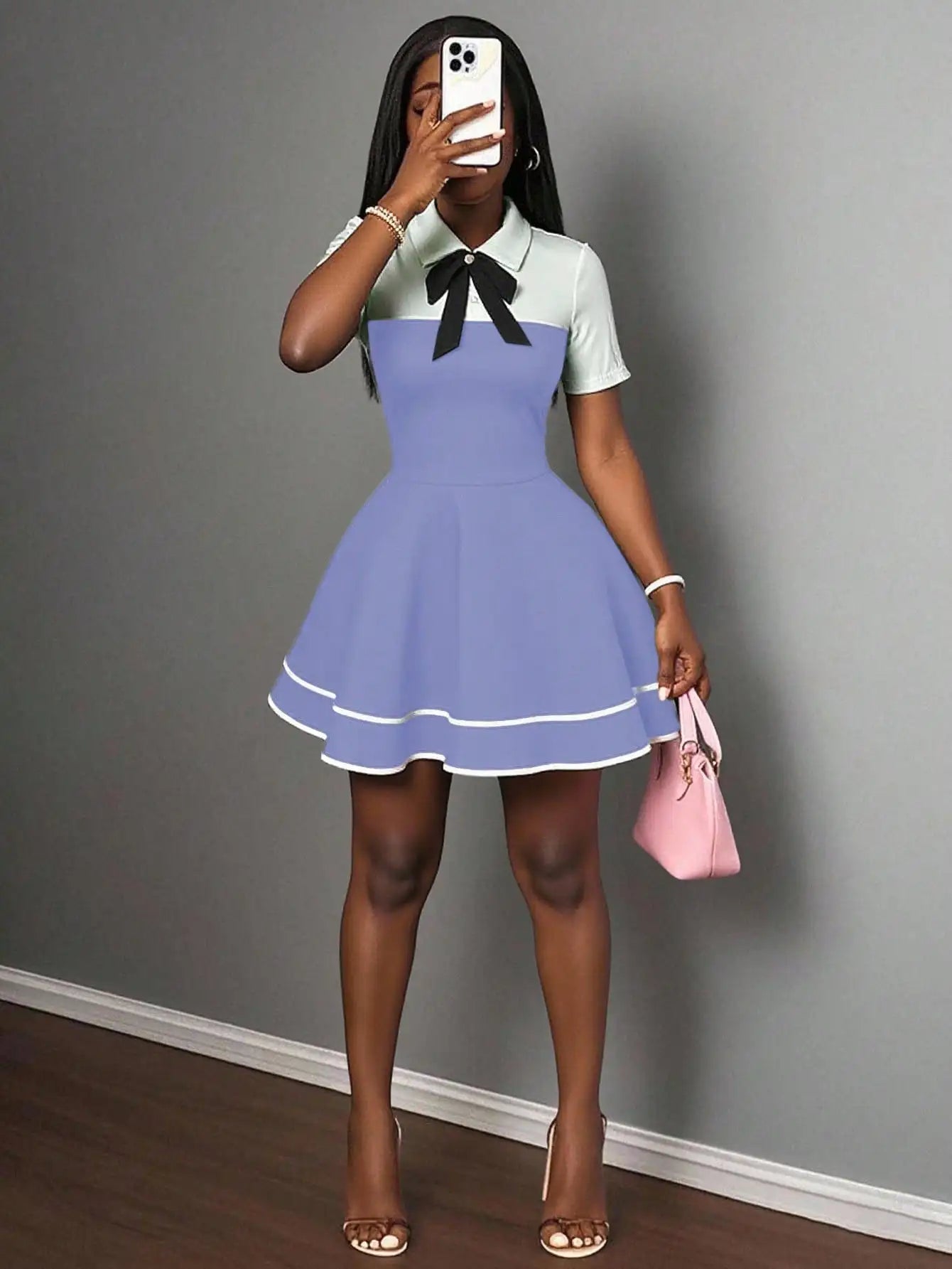 Polo Collar Bowknot Color Block Mini Dress with Ruffle Hem, A-Line Fit for Casual Date Party