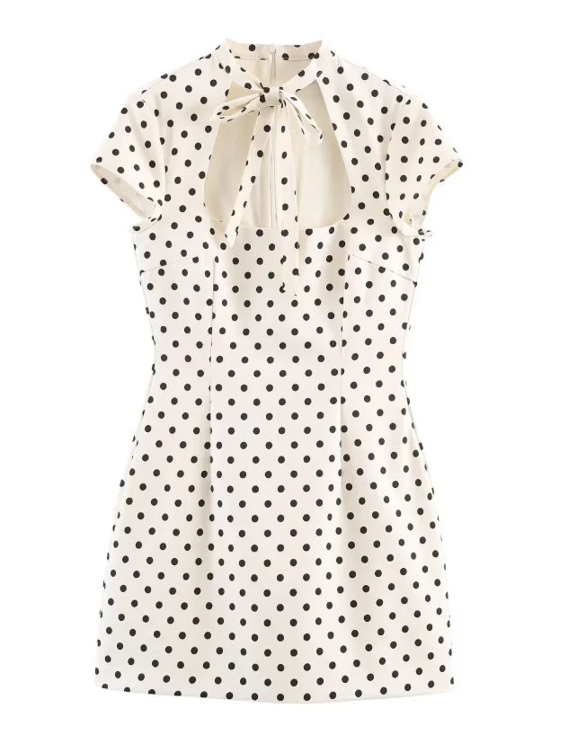 Elegant Lace-up Polka Dot Mini Dress Lady Chic Short-sleeved Waist Cinching Slim A-line Vestidos 2026 Women Evening Party Gowns
