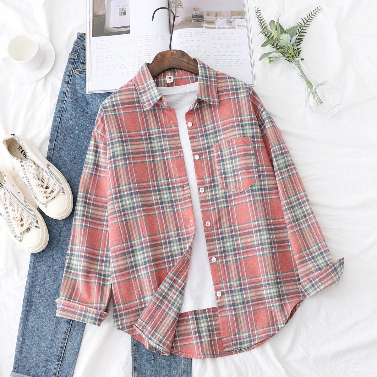 Fresh Flannel Plaid Shirt Women 2025 New Female Blouses and Tops Cotton Loose Long Sleeve Casual Shirts Fine Women's Clothes
