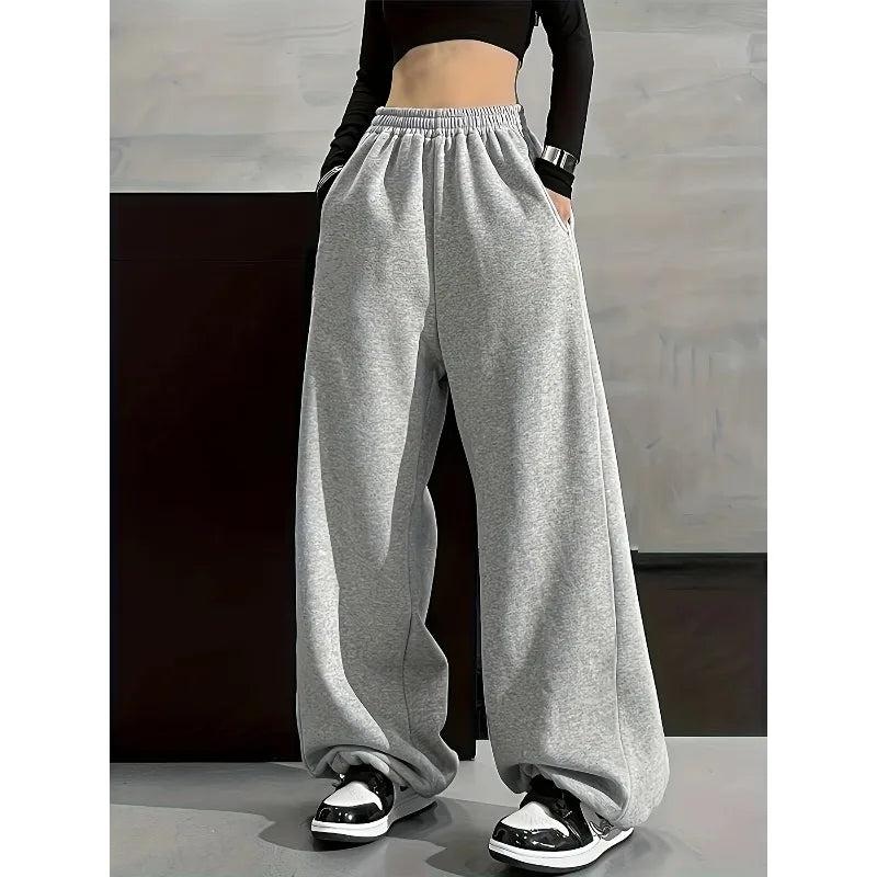 Solid Color Comfortable Wide Leg Pants with Elastic Waist Pocket, Casual Loose Fit for Autumn and Winter