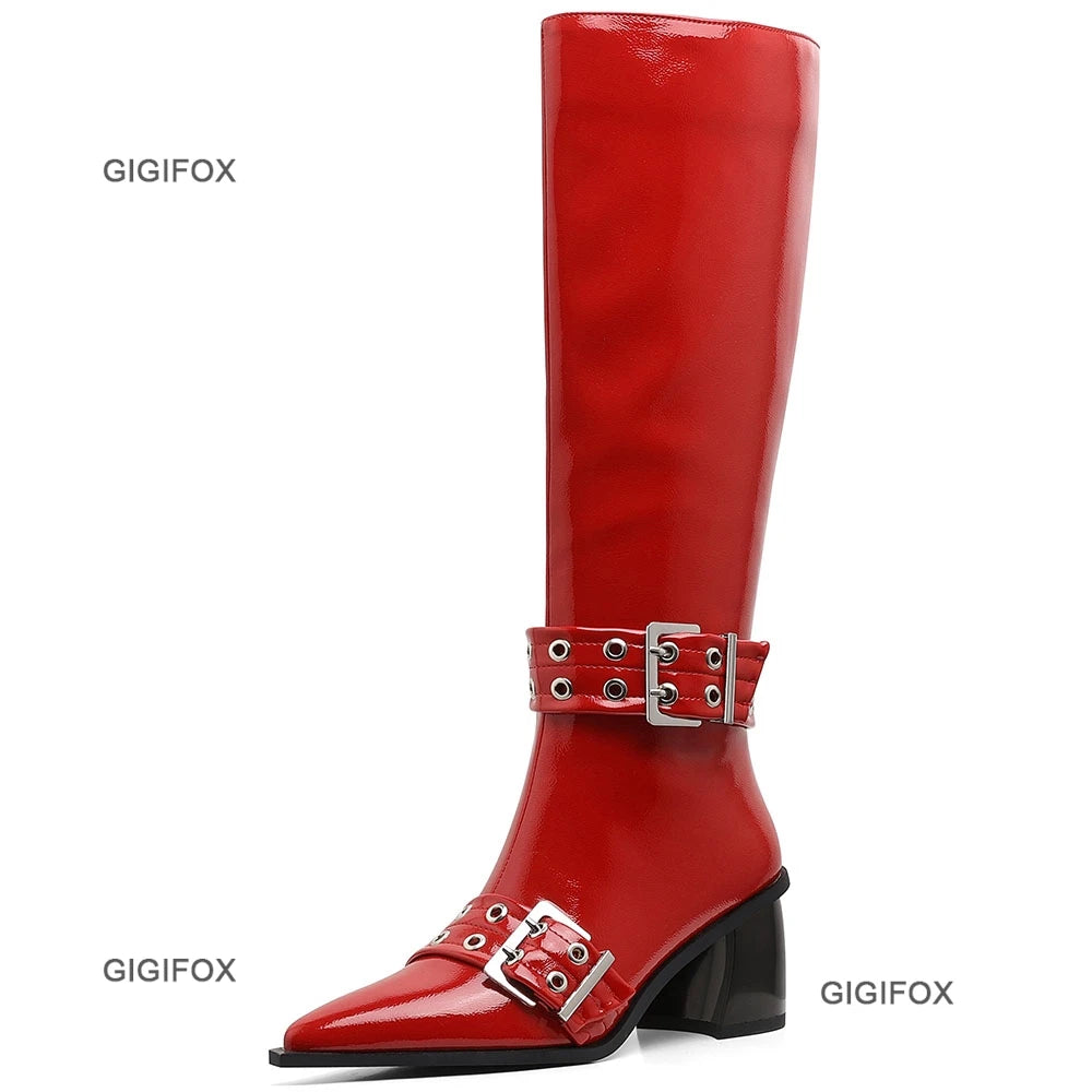 GIGIFOX Pointed Toe Women Zipper Knee-high Boots Chunky High Heel Patent Leather Metal Buckle Shoes Punk Fashion Boots For Woman