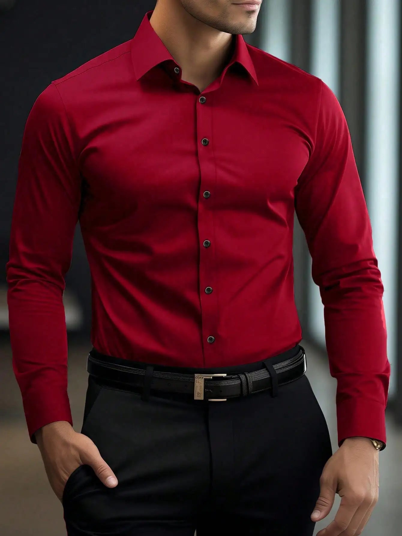 Men's Slim Fit Solid White Long Sleeve Button-Up Shirt for Business Casual Wear