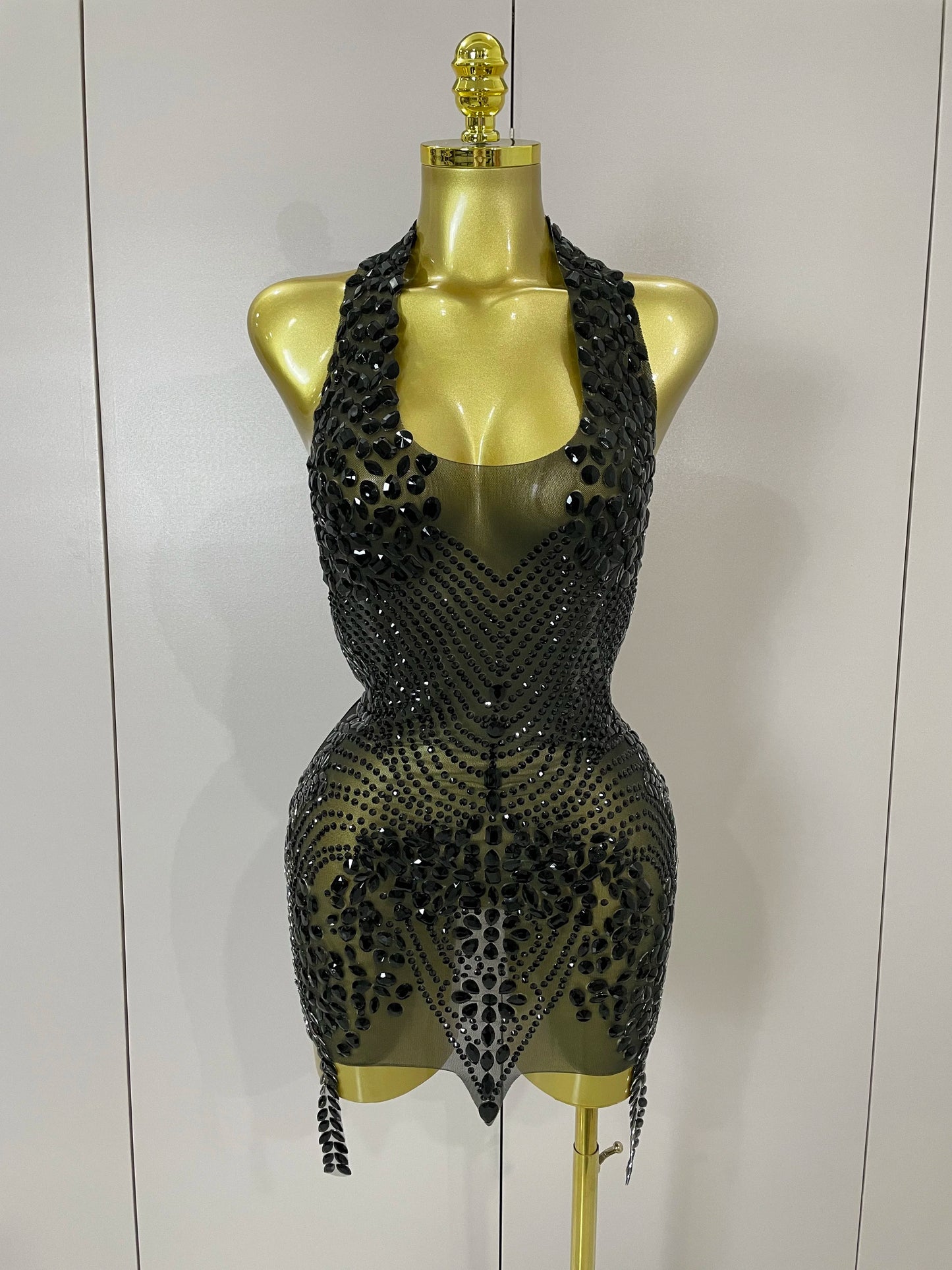 2025 New Sexy Sparkly Rhinestones Halter Backless Mesh Velour Short Dress Women Evening Prom Celebrate Birthday Party Stage Wear