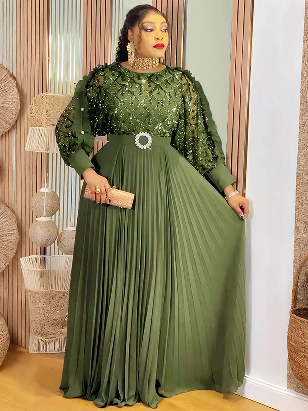 Wedding Party Prom Dress Dubai African Women Luxury Sequin Pleated Long Dress Ankara Dashiki Turkey Clothes Formal Occasion Gown