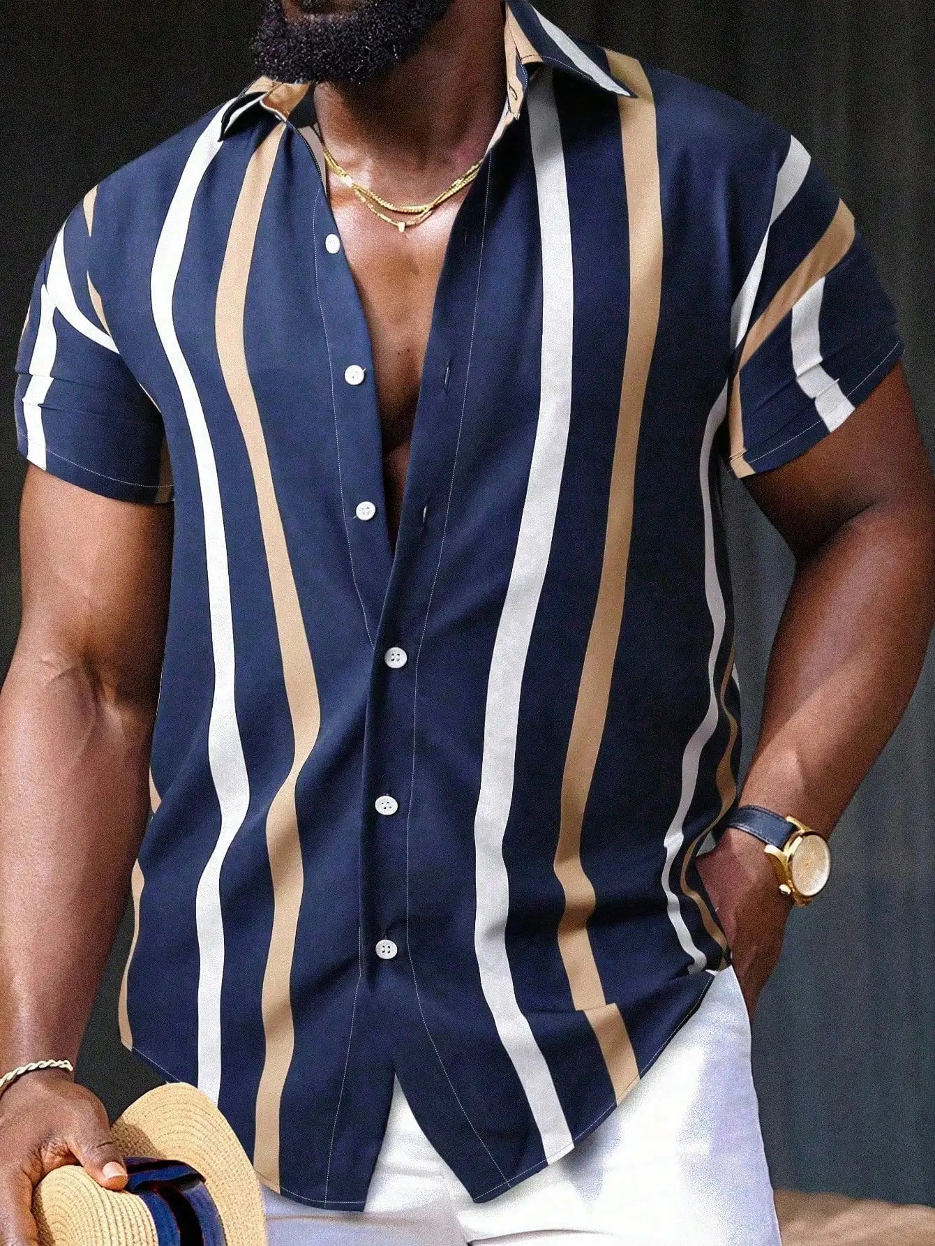 Men's Short Sleeve Vertical Striped Button-Up Shirt, Casual Summer Wear