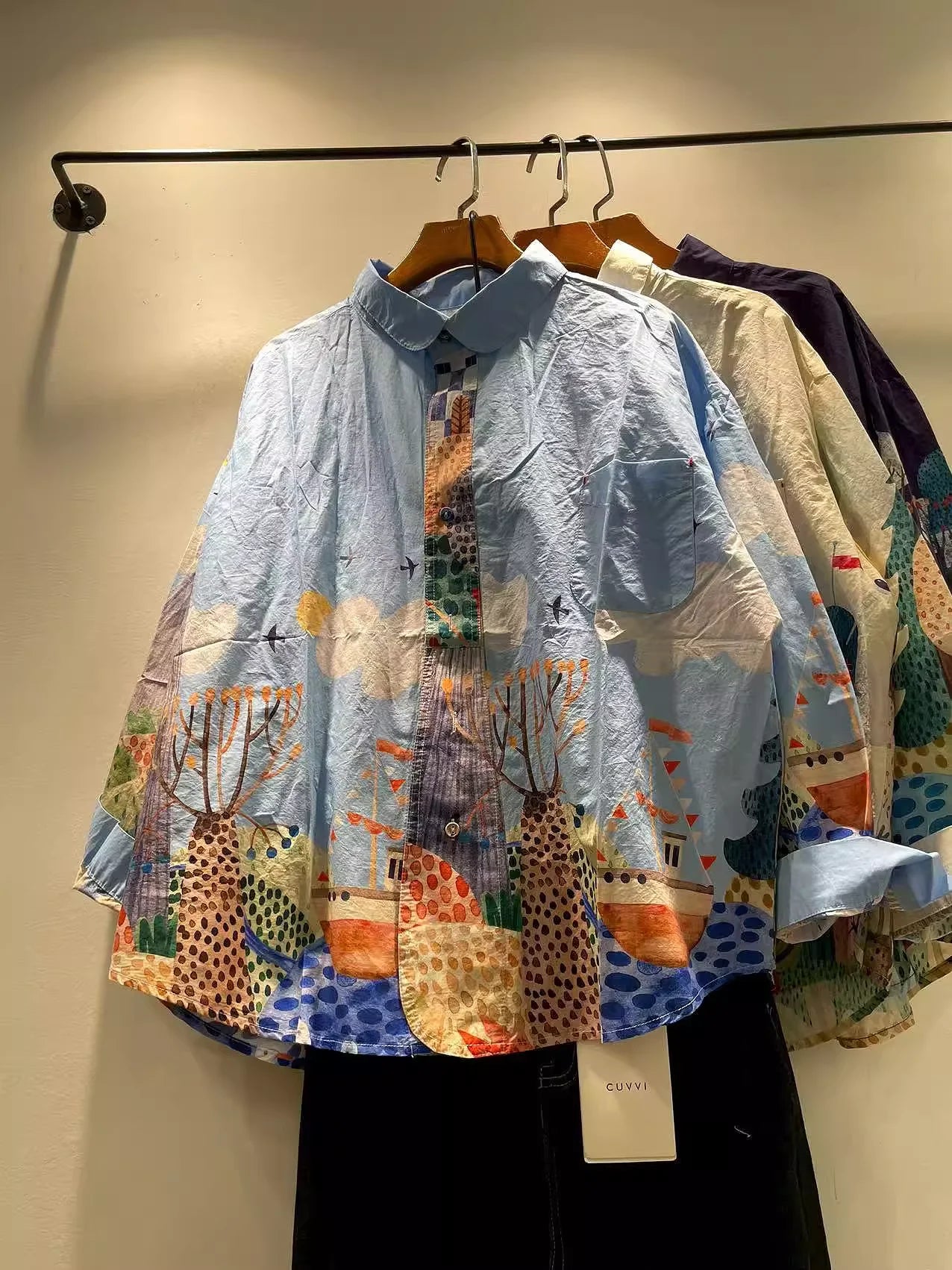 Bust 118cm original design pure cotton oversized shirts for women autumnJapan fashion cartoon print shirts long sleeve blouses