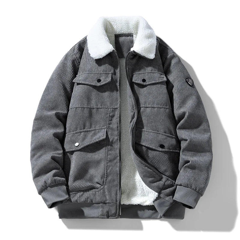2025 Winter Collar Corduroy Jacket for Men, Casual, Comfortable, Loose, High Quality, Simple, Versatile,and Plush Jacket for Men