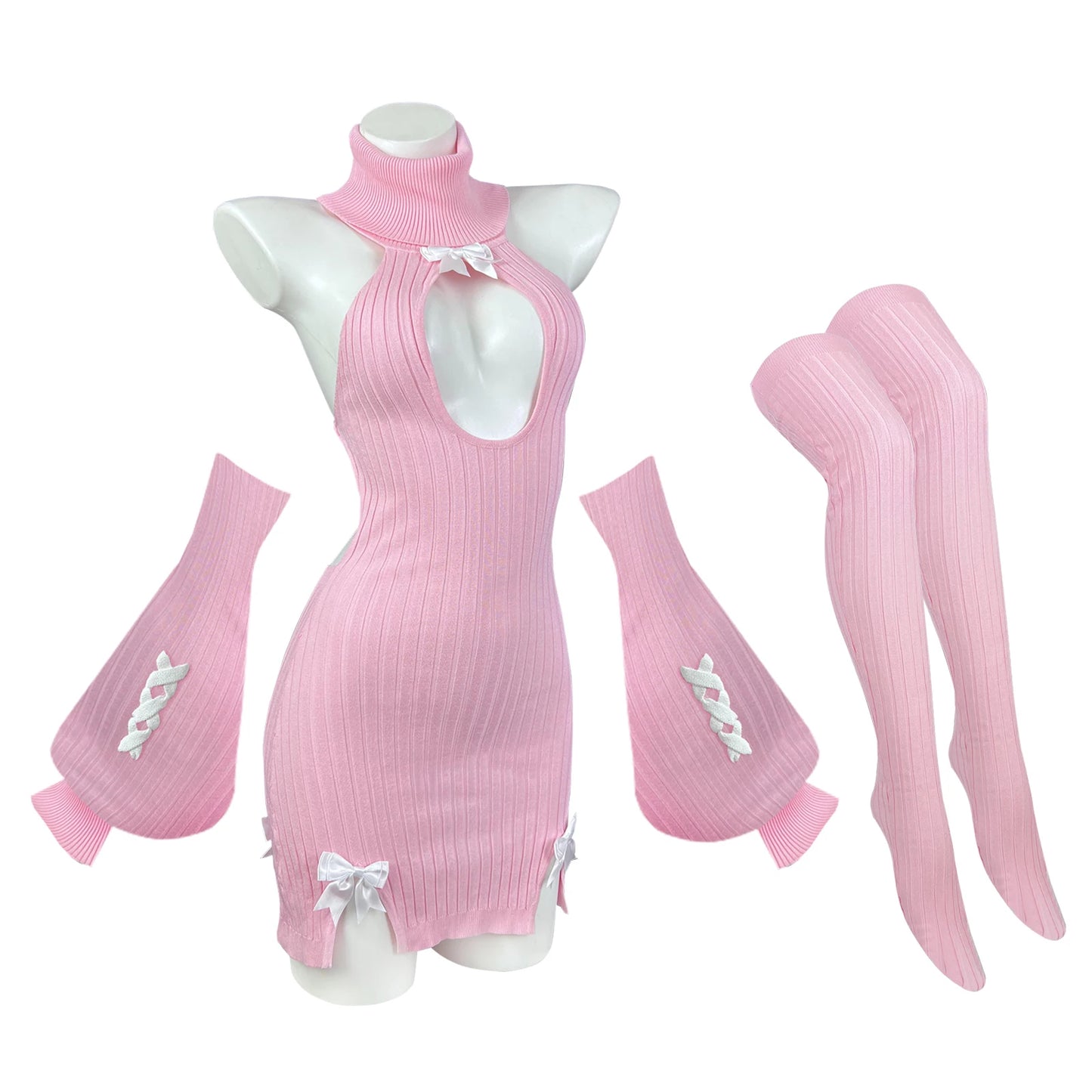 KORURACLUB autumn and winter Bowknot Sexy Black Knitted dress stockings Pink straps Backless Soft girl Turtleneck sweater