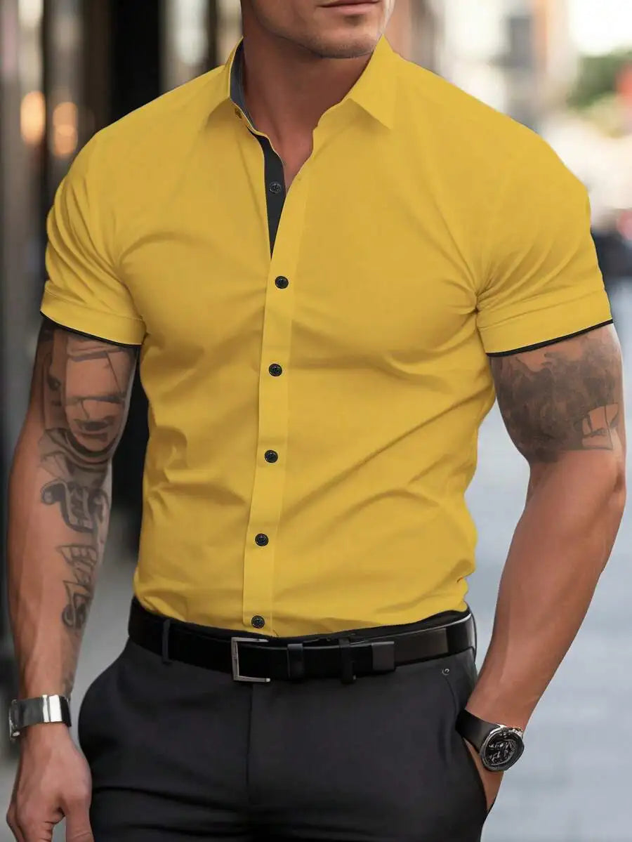 Men's White Short Sleeve Casual Shirt with Black Trim Collar and Cuffs