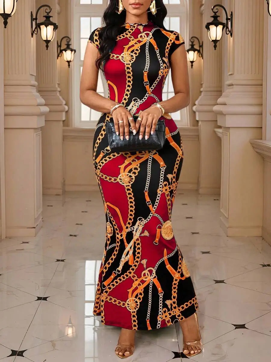 Elegant Chain Print Bodycon Fishtail Dress with Round Neck for Party & Evening Wear