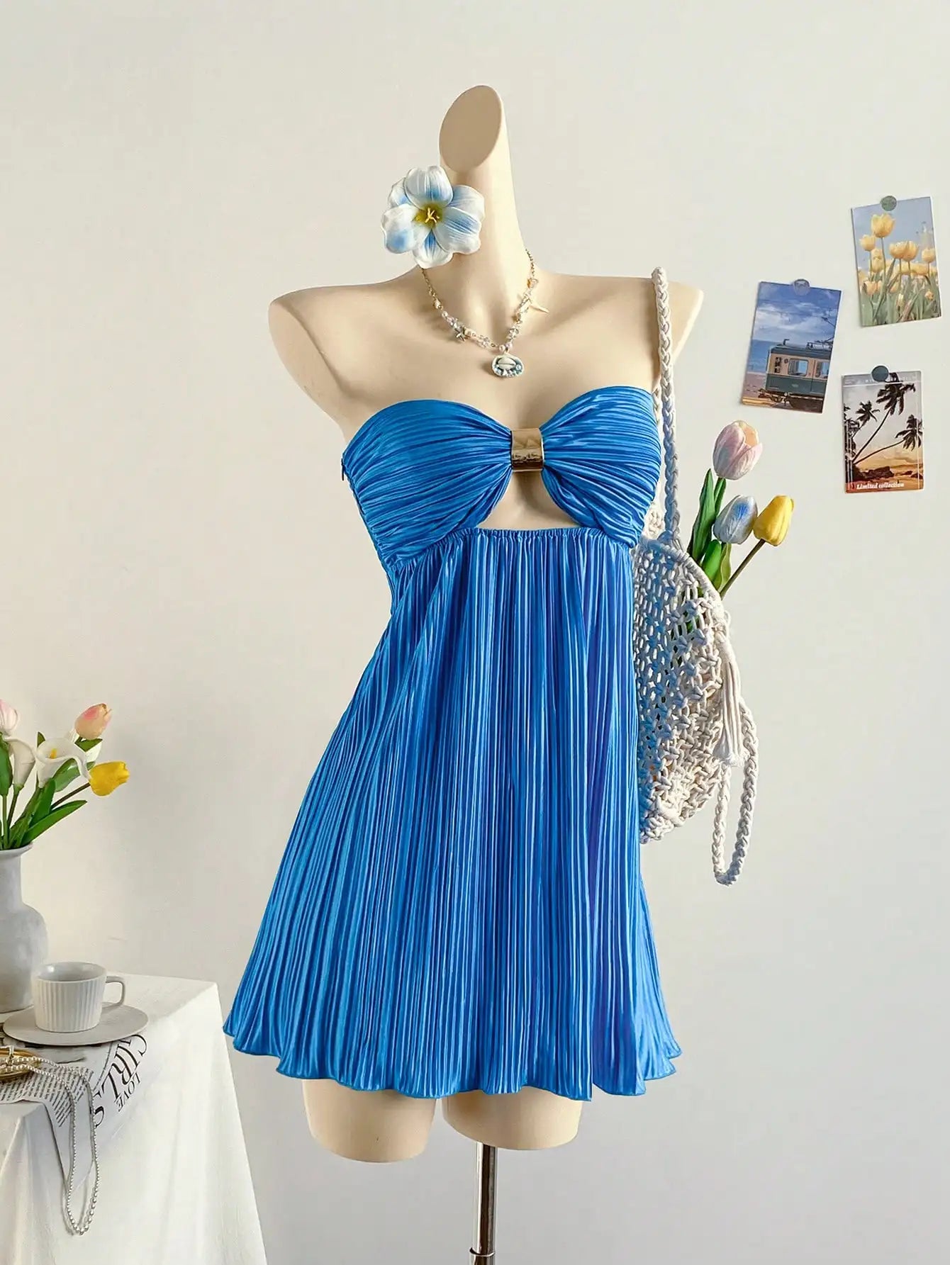 Blue Pleated Ruched Bandeau Mini Dress For Women Beach Party Vacation Outfit