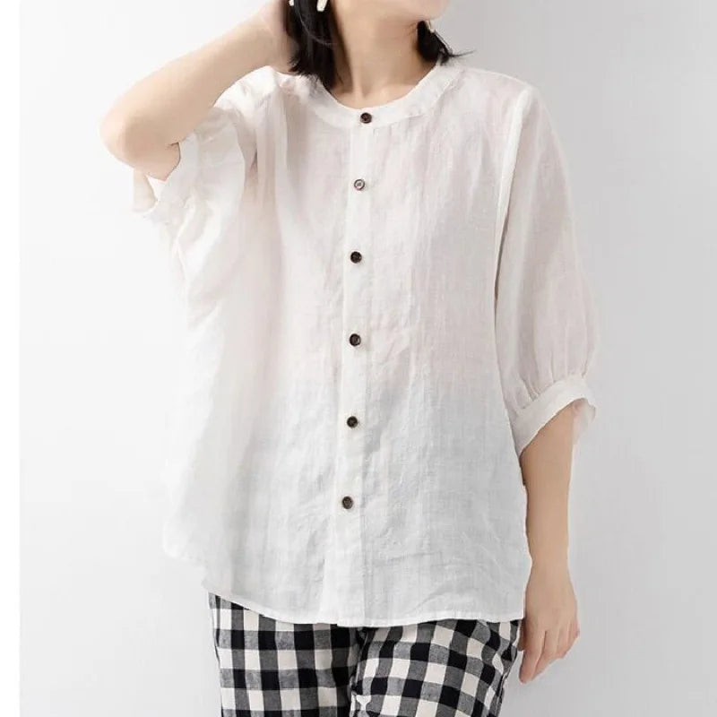 Cotton and linen shirt women's spring and summer thin solid color lantern sleeve stand collar top loose large size shirt