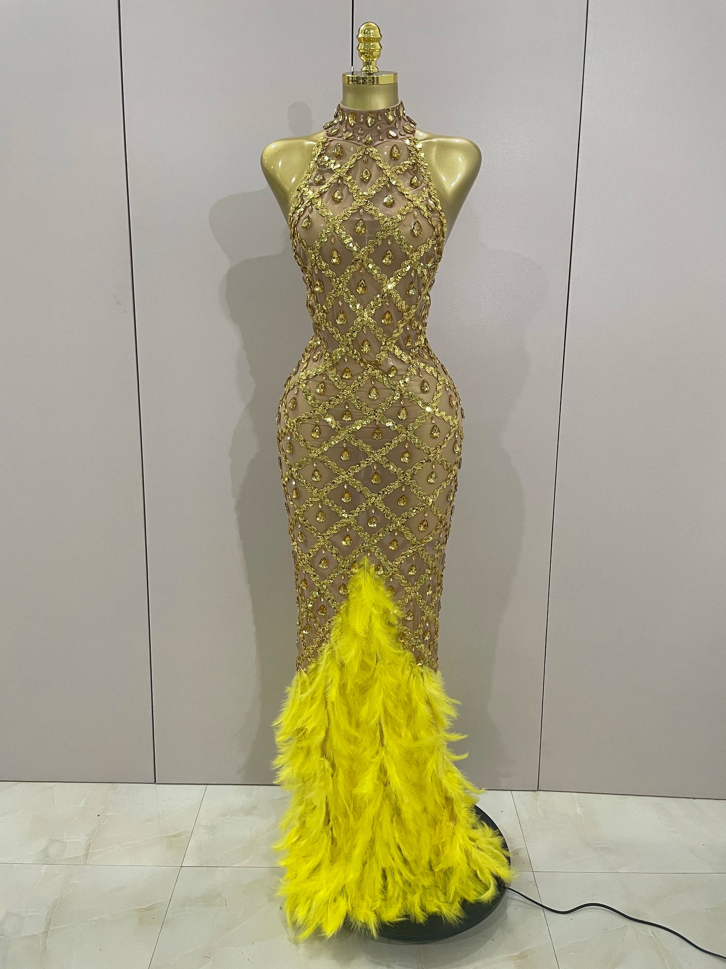 Luxury Sparkly Red Rhinestones Feather Sexy Mesh See Through Long Dress Women Birthday Evening Nightclub DJ Dancer Stage Costume