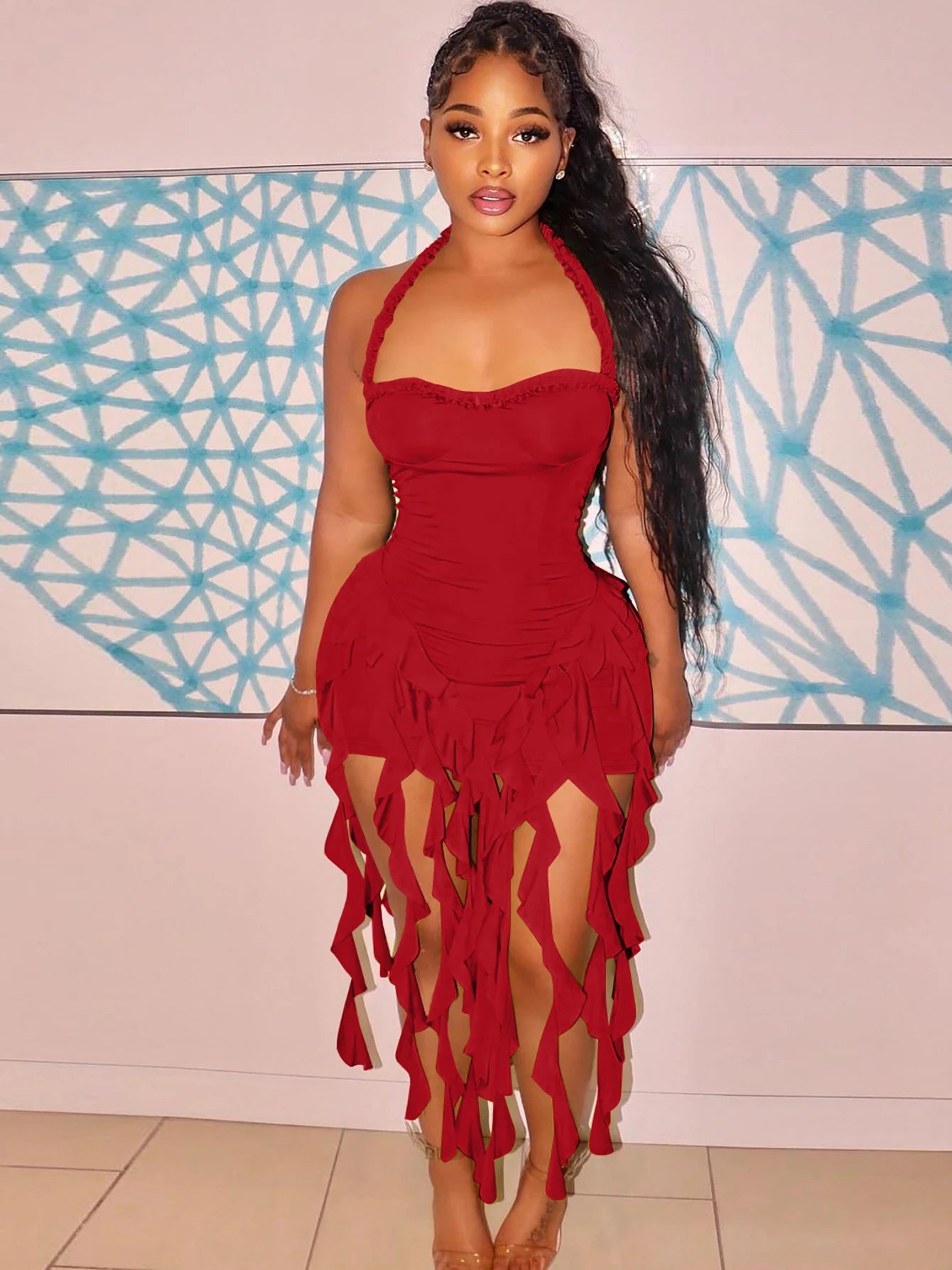 Hugcitar Elegant Halter Solid Ruffles Backless Taseel Sexy Slim Mini Dress Spring Women Cute Outfits Birthday Party Vacation