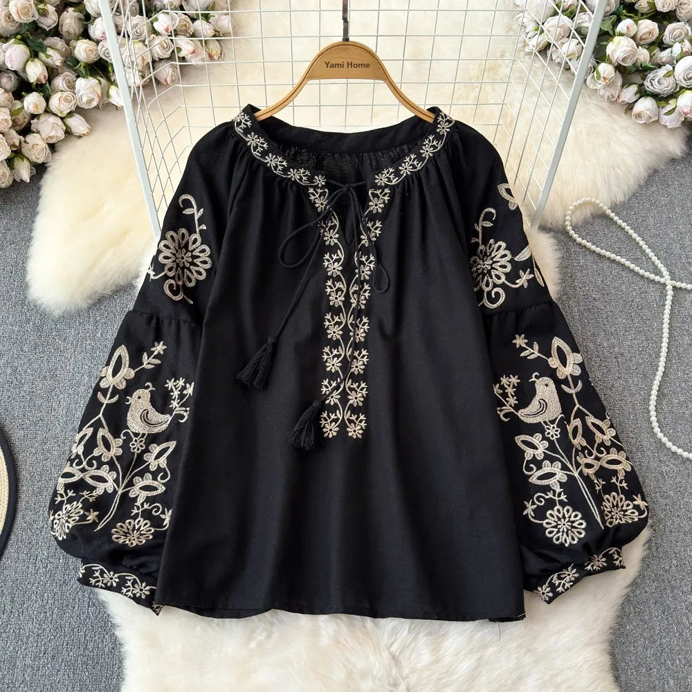 Retro Ethnic Sle Long Sve round Ne Loose irt Women's Doll Top Commute Sle Korean Version Embroidered Faionable