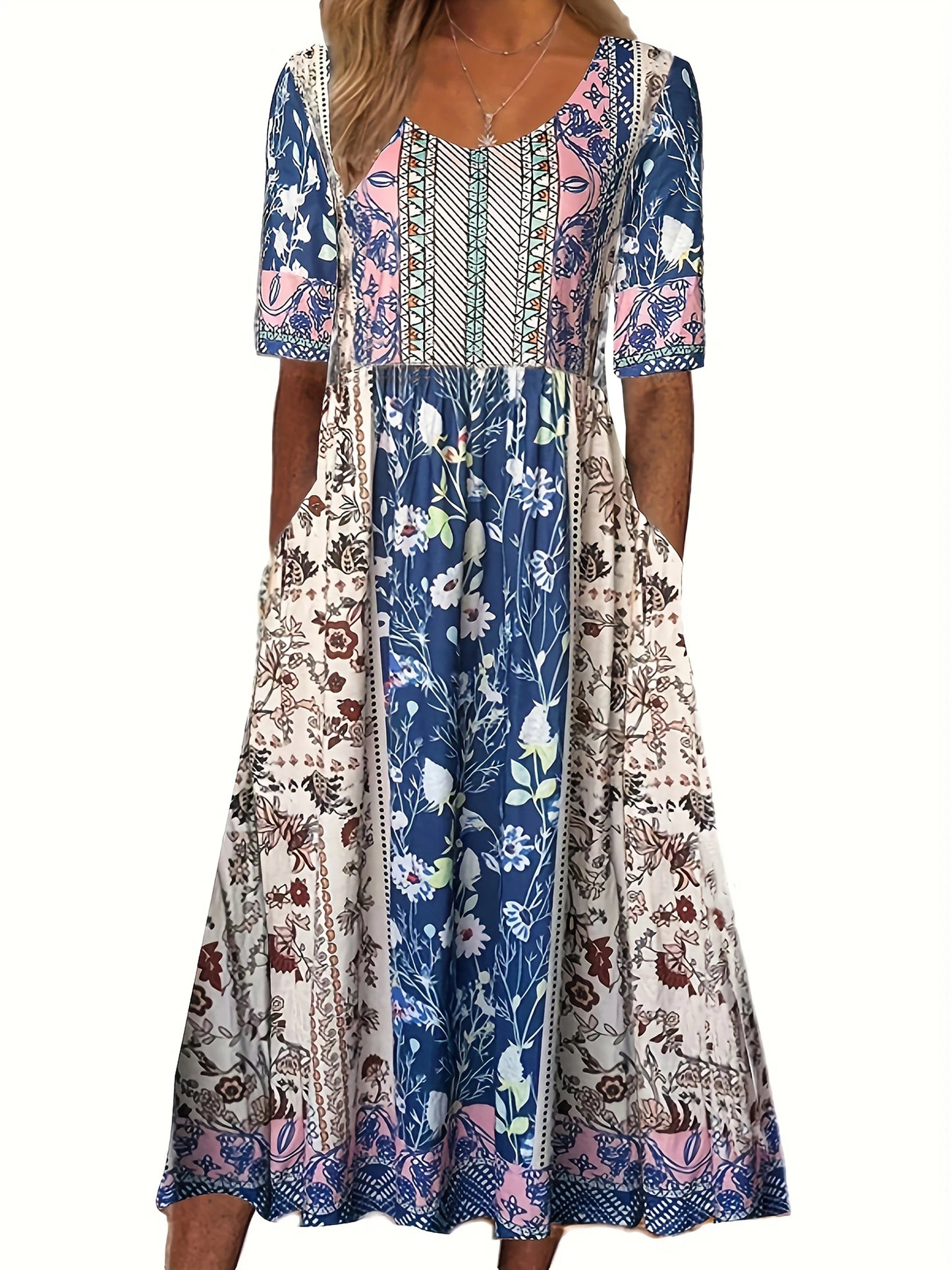 2025 summer new women's Bohemia loose fashion print round neck short sleeve long dress