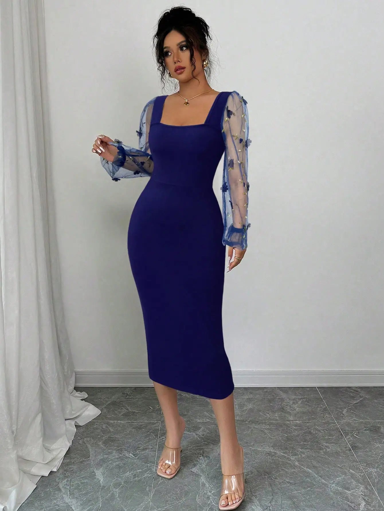Square Neck Knit Bodycon Dress with Floral Mesh Sleeves, High Elastic & Tummy Control