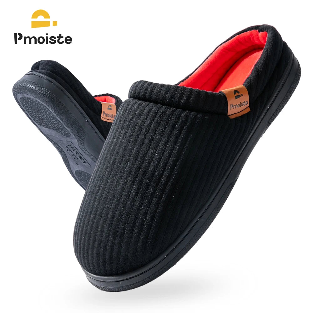 Pmoiste Stripe Corduroy House Slippers Men Warm Soft TPR Cushion Memory Foam Home Shoes Non-slip Winter Indoor High-quality
