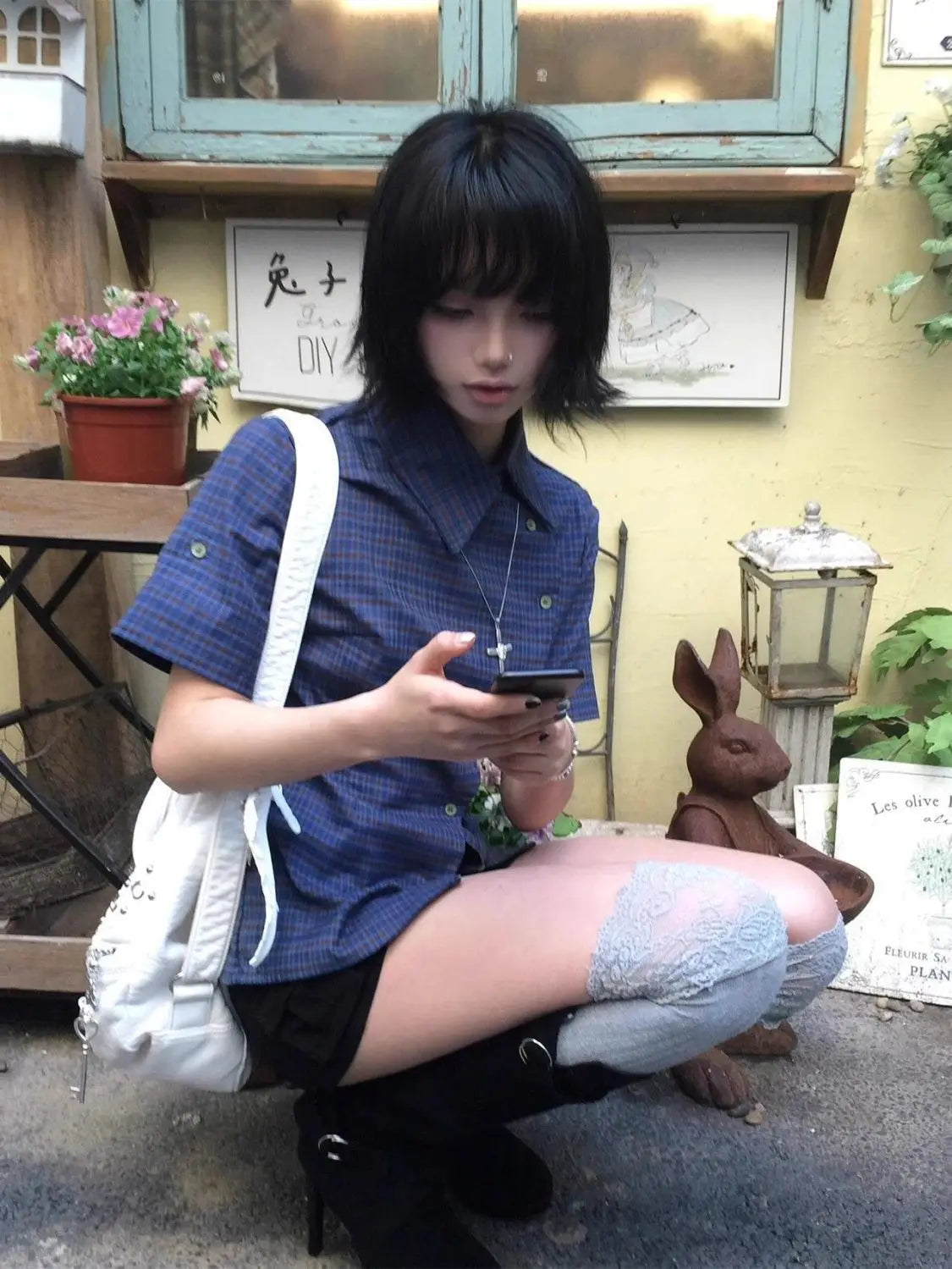 Genayooa Vintage Plaid Casual Shirt Women Short Sleeve Y2k Tops Japanese 2000s Summer Shirt Irregular American Retro 90s Tshirts