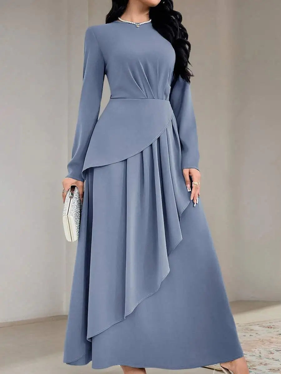 Women's Sage Green Round Neck Long Sleeve Asymmetrical Pleated Maxi Dress