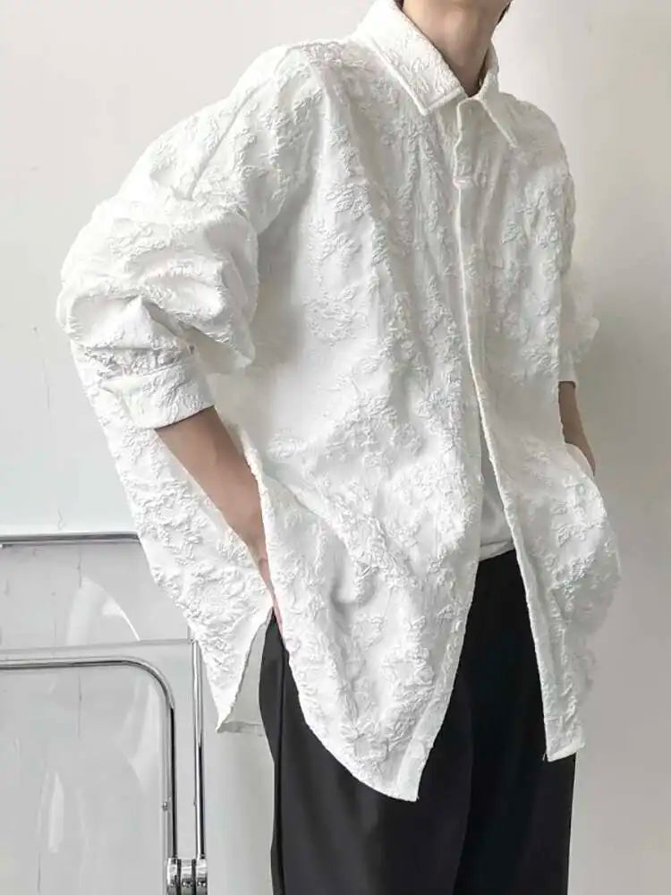 2XL White New Crumpled Jacquard Shirt Loose Fashion Solid Color Casual Turn-down Collar Top New All-match Bat Wing Sleeve P7W