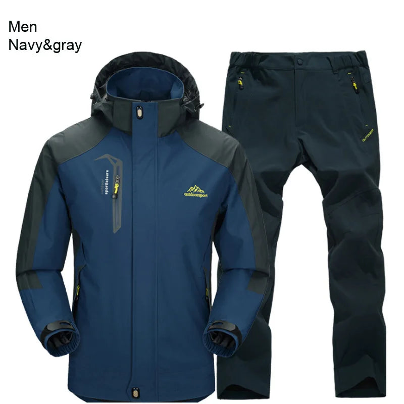 Outdoor Hiking Jacket and Pants Sets Men Autumn Thermal Waterproof Windproof Hooded Jackets Trip Mountain Camping Clothes