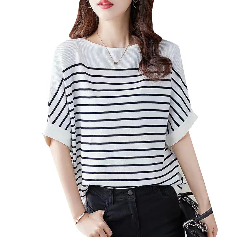 ZANZEA Elegant Striped Patchwork Blouse Women Half Sleeve Office Wear 2024 Summer T-shirt Fashion Loose Casual O-neck Tunic Tops