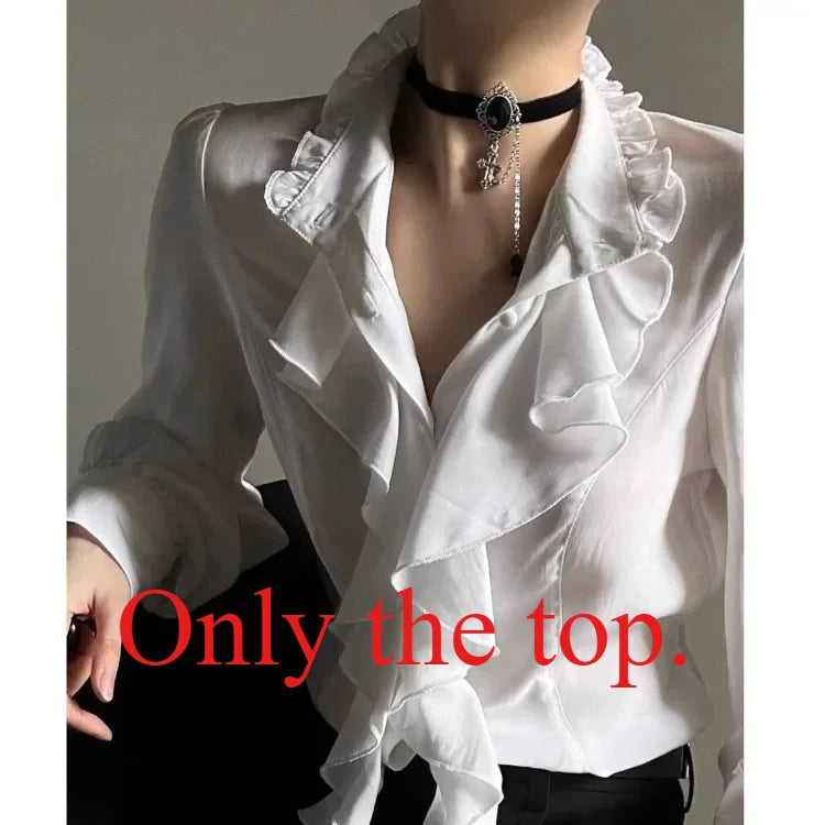 Harajuku Vintage Black Bottoming Shirt Women Stand Collar Ruffles Slim Blouses Japanese Victorian Long Sleeve Blusas De Mujer