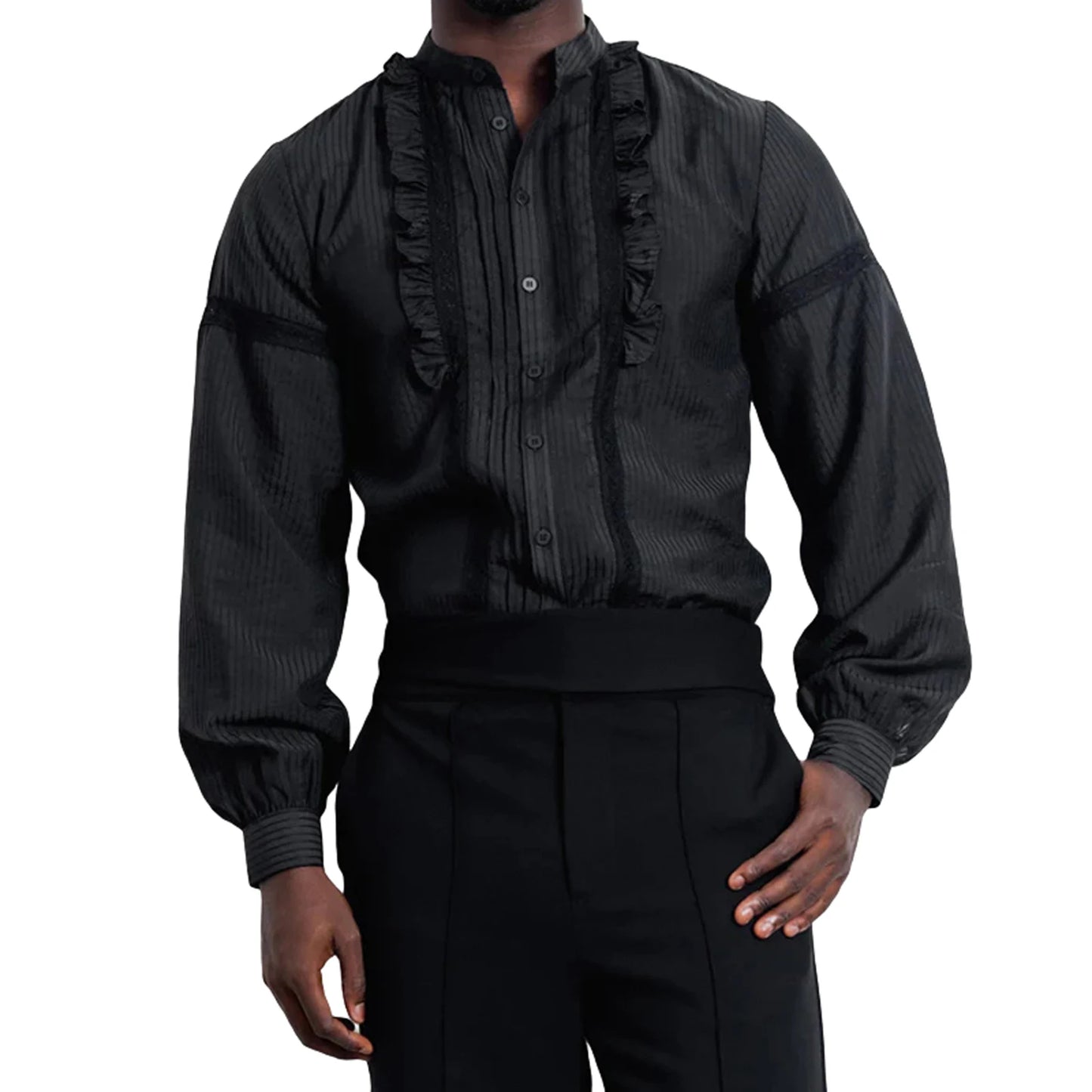 Vintage Style Men s Striped Lace Ruffle Button-Up Shirt with Long Sleeves - Classic Spring and Fall Fashion for Casual Wear