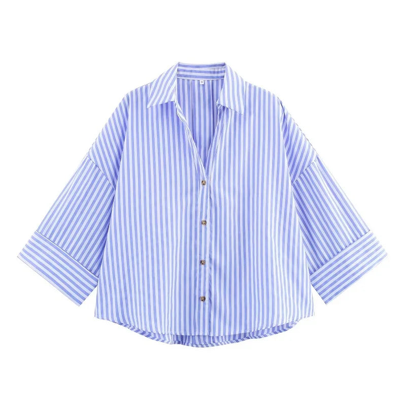 MUJER 2025 Oversized Shirt Women Striped Casual Shirts and Blouses Woman Wide Sleeve Tops Woman White Blue Summer Shirts Women
