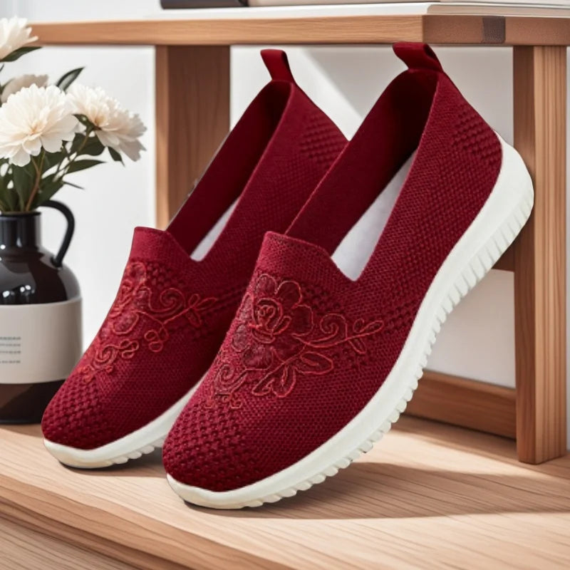 Women's Slip-On Knit Mesh Loafers Lightweight and Comfortable Breathable Mesh Walking Shoe Casual Embroidered Flat Loafers