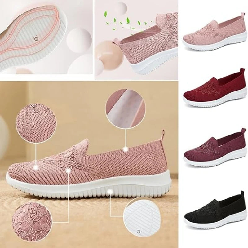 Women's Slip-On Knit Mesh Loafers Lightweight and Comfortable Breathable Mesh Walking Shoe Casual Embroidered Flat Loafers