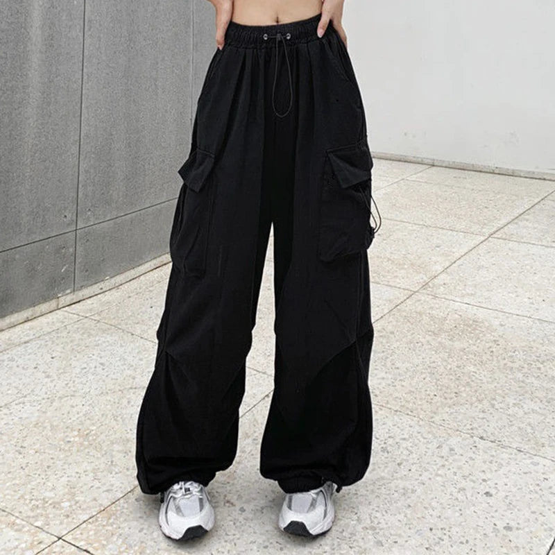 Women Casual Baggy Cargo Pants Solid Low Waist Joggers Tech Pants Drawstring Wide Leg Baggy Trousers Y2K Streetwear Sweatpants