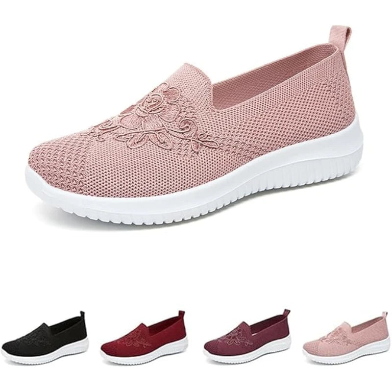 Women's Slip-On Knit Mesh Loafers Lightweight and Comfortable Breathable Mesh Walking Shoe Casual Embroidered Flat Loafers