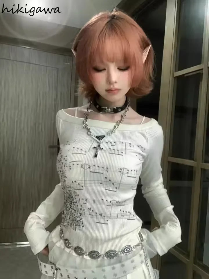 Women´s Slim Fit Off-Shoulder Top - Long Sleeve Ruffle Trim with Note Print