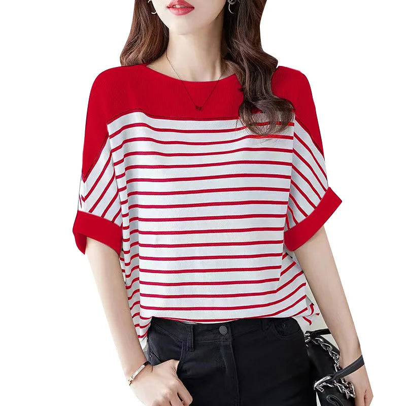 ZANZEA Elegant Striped Patchwork Blouse Women Half Sleeve Office Wear 2024 Summer T-shirt Fashion Loose Casual O-neck Tunic Tops