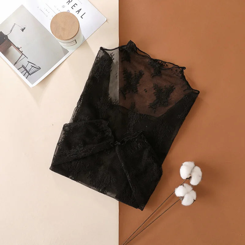 S-XL New Women Lace Shirt Spring Autumn Sexy Mesh Shirts Lace-Collared Blouse Long Sleeve Bottoming Shirt Pullover Top
