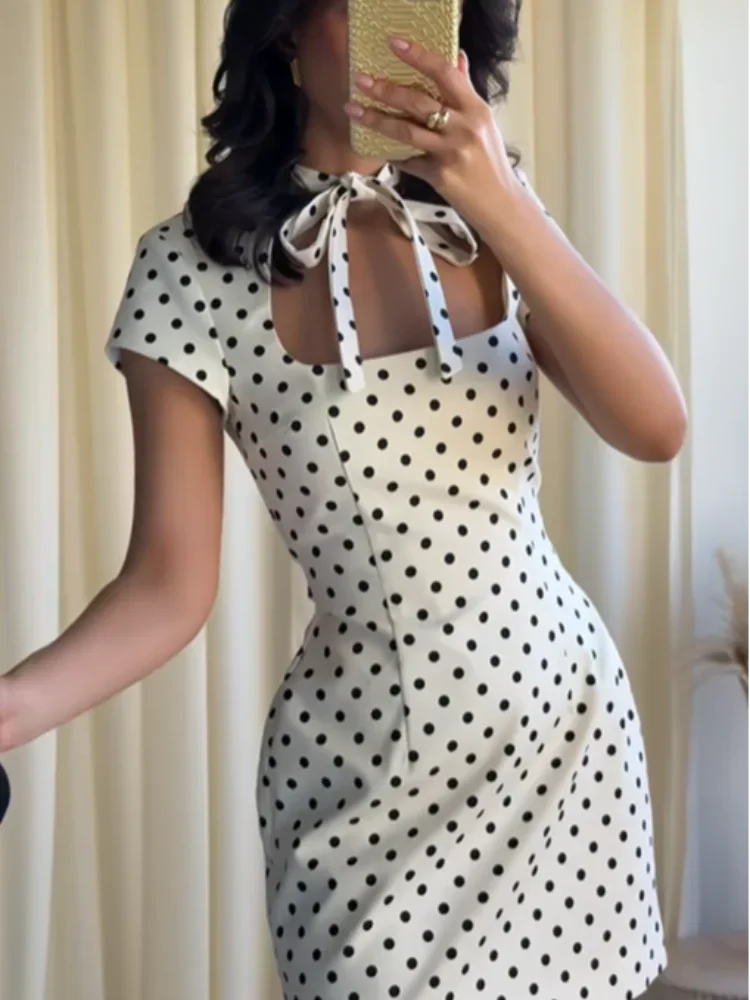 Elegant Lace-up Polka Dot Mini Dress Lady Chic Short-sleeved Waist Cinching Slim A-line Vestidos 2026 Women Evening Party Gowns