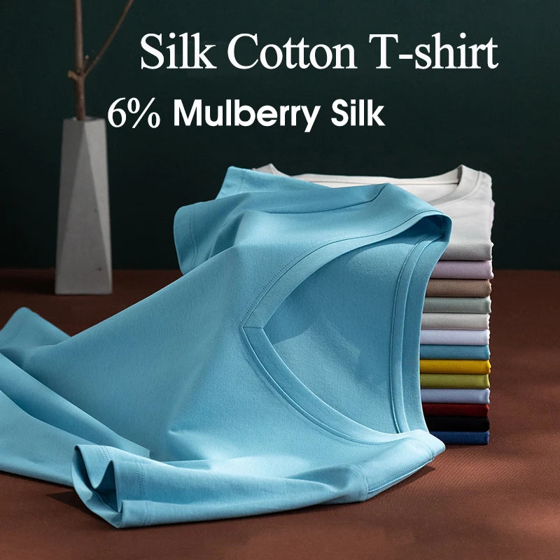 6% Real Silk Cotton Modal Women's T-shirt 2026 Summer Tees Short Sleeve Solid Tee Shirts V-neck Casual Woman Basic T shirt Tops