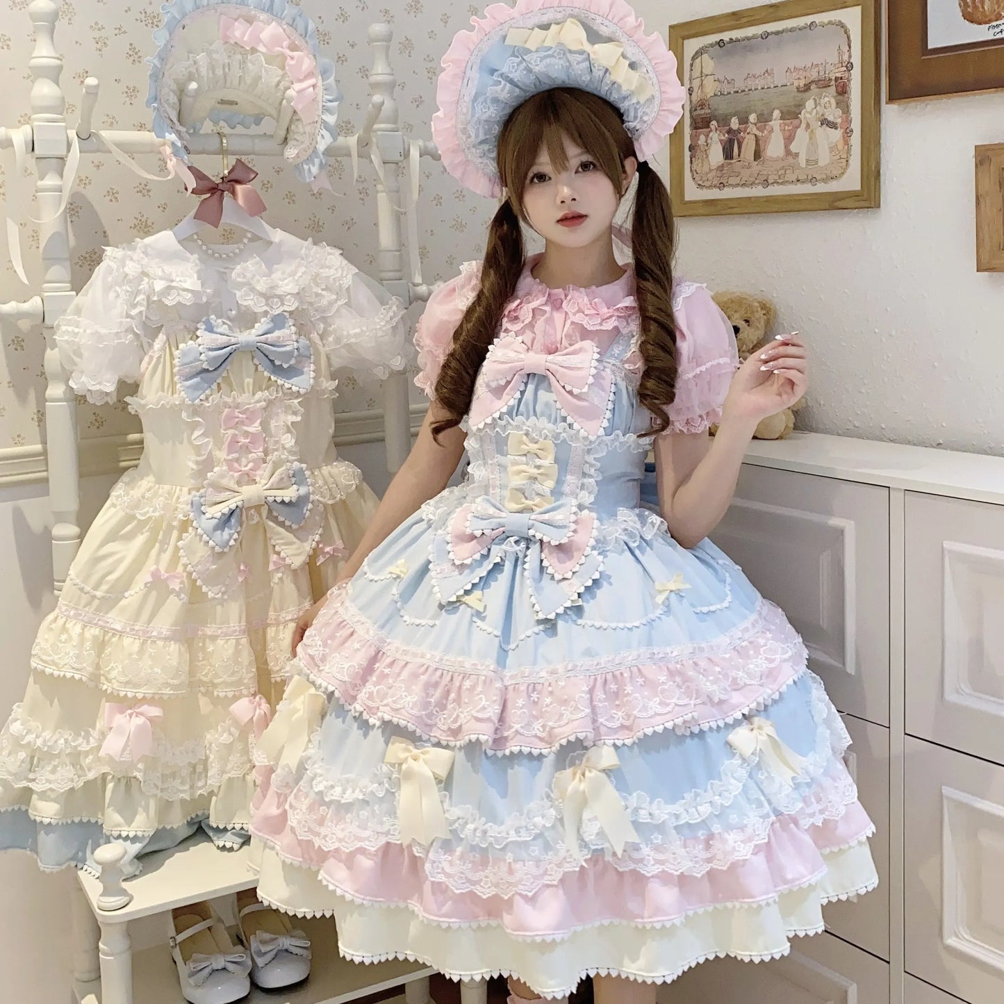 Summer Japanese Style Kawaii Lolita Dress Women Party Vintage Sweet Lace Bow Birthdays Cake Dresses Harajuku Y2k Bandage Dress