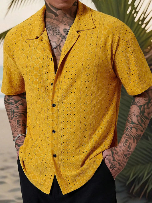 Men's Mustard Yellow Eyelet Lace Short Sleeve Casual Shirt, Loose Fit Button-Down for Beach & Festival