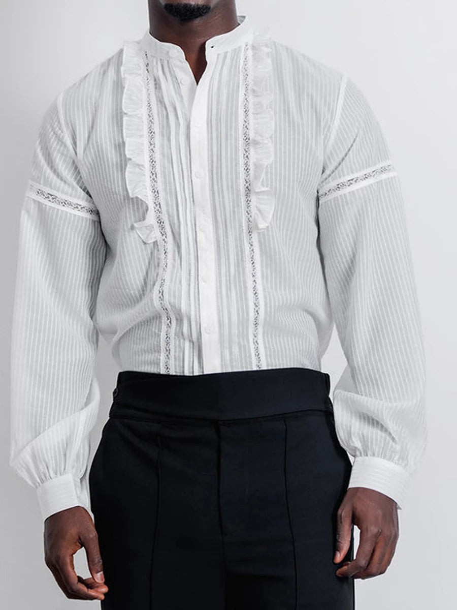 Vintage Style Men s Striped Lace Ruffle Button-Up Shirt with Long Sleeves - Classic Spring and Fall Fashion for Casual Wear