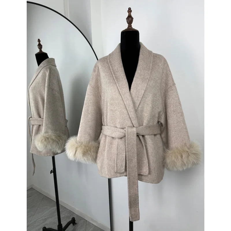 TARUXY Fox Fur Woolen Coats Women's Short Coat Office Lady Removable Elegant Double-sided Wool Overcoat 2025 New Cardigan Jacket