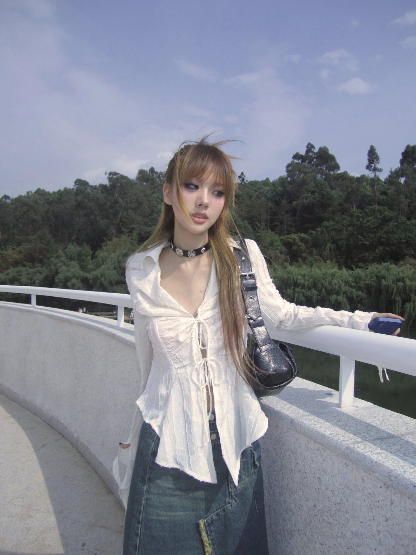 Karrram Y2k Aesthetics Pleated Shirt Fairycore Lace Up Blouse Trashy 2000s Style V-neck Shirt Irregular Japanese Harajuku 90s