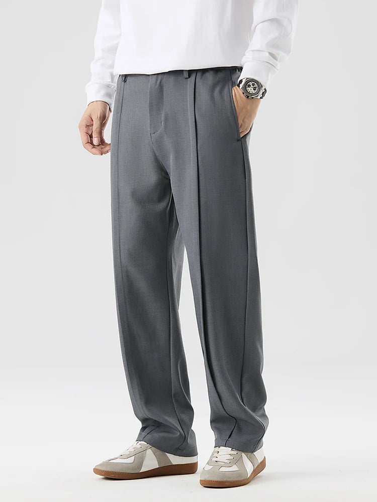2026 New Korean Men's Casual Pants Banded Waist Stretch Semi-Wide Pleated Suit Slacks Straight Loose Draped Trousers