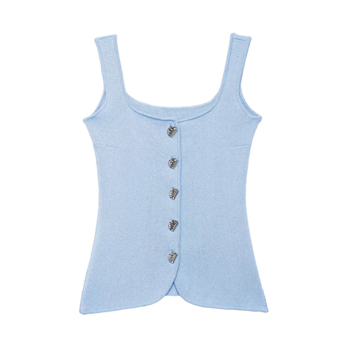 Zevity Women Basic Square Collar Knitting Sling Blouse Female Chic Sleeveless Buttons Design Vest Shirt Blusas Crop Tops LS9040