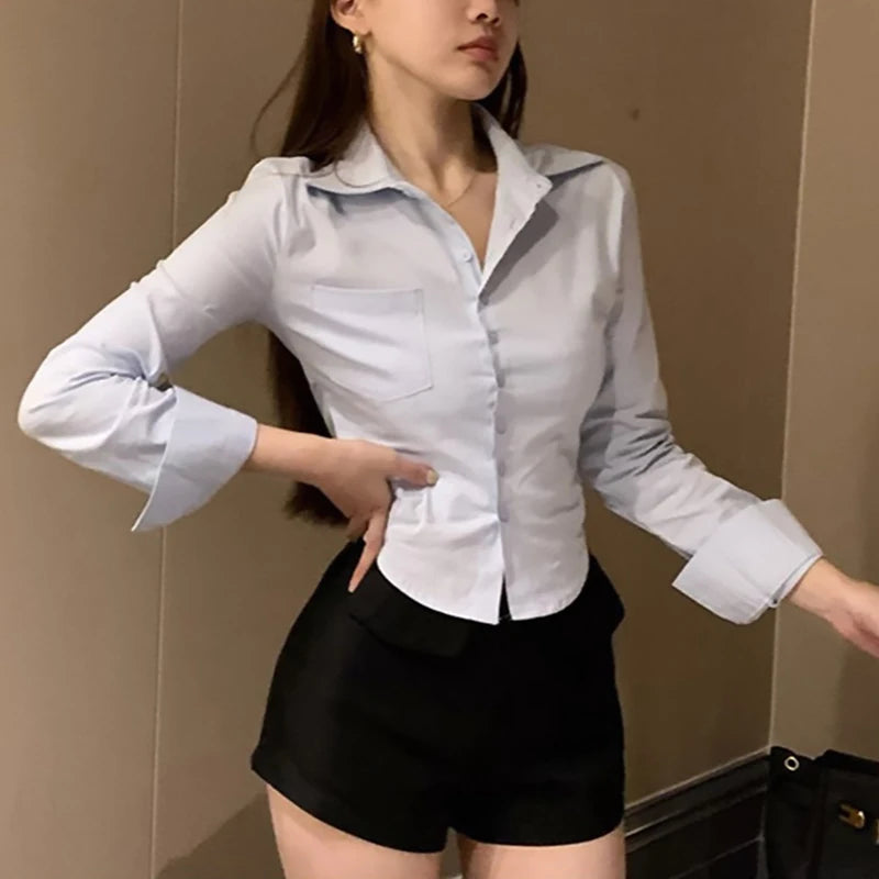 2025 Spring Commuter Long Sleeve New Female Crop Tops Korean White Office Women Chiffon Shirt Pocket Button Lapel Ladies Blouse