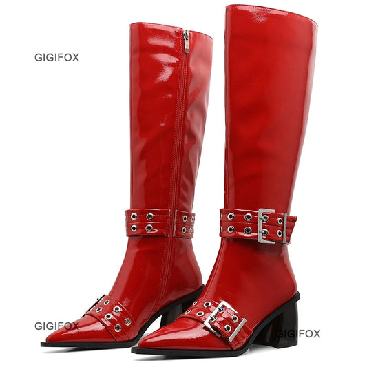 GIGIFOX Pointed Toe Women Zipper Knee-high Boots Chunky High Heel Patent Leather Metal Buckle Shoes Punk Fashion Boots For Woman