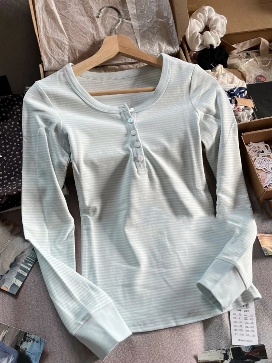 Pink Striped Slim Long Sleeve Tees Women Spring Casual Cotton O-neck Tshirt New Tops Clothes Sweet Cute  Vintage T-shirts Y2K